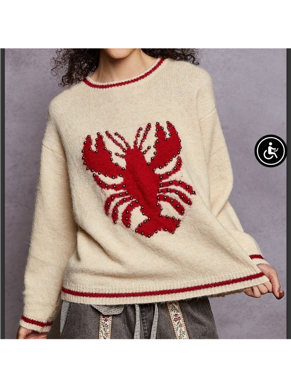 New POL Cream Pullover Sweater with Red Lobster Motif